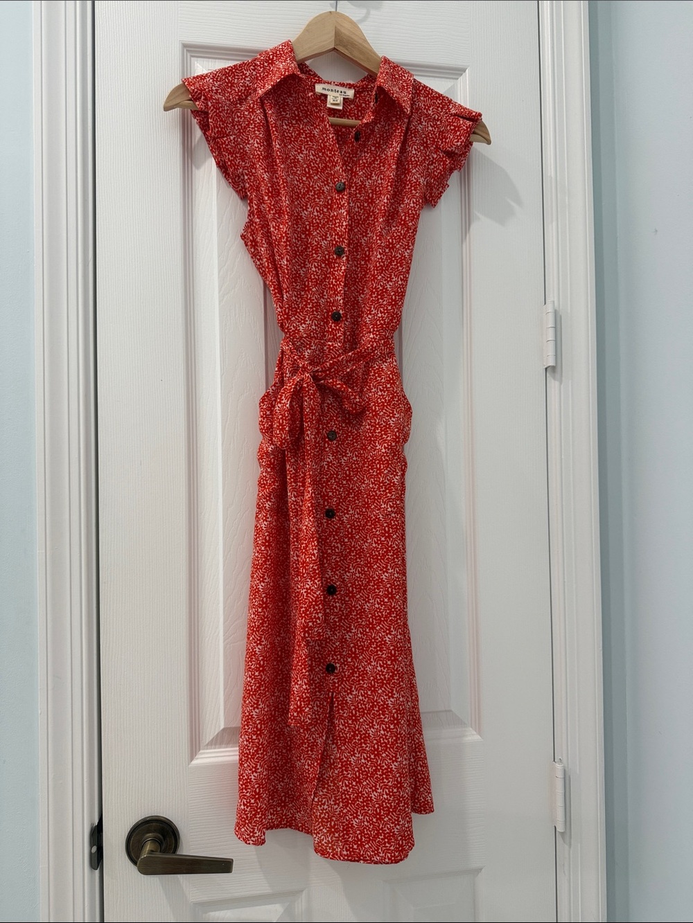 Button-Front red floral Midi Dress with Tie Belt